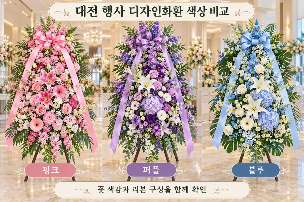 대전 행사 디자인화환 선택, 핑크·퍼플·블루 구성 확인