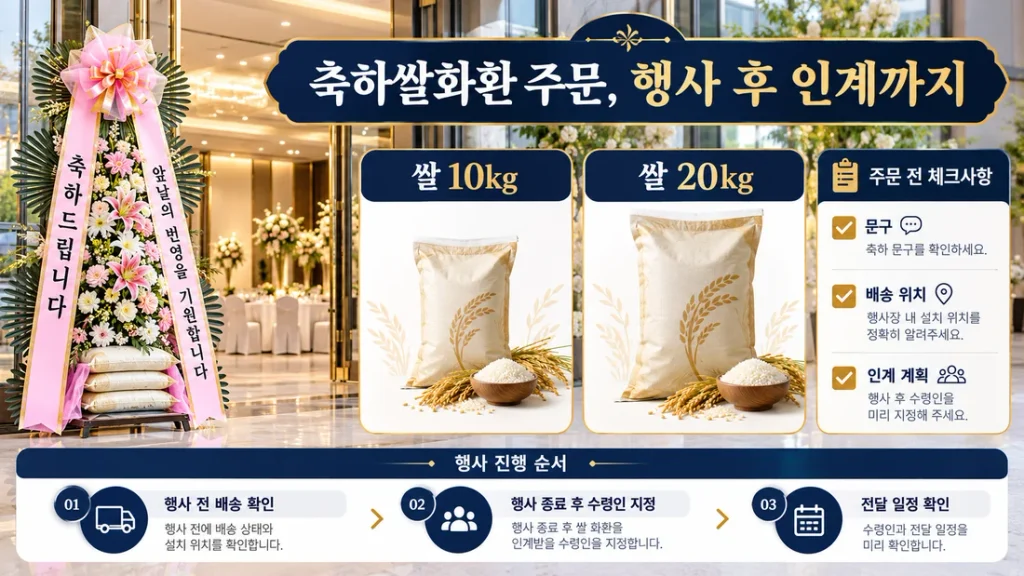 대전 축하쌀화환 주문, 10·20kg 옵션과 행사 후 인계 계획 비교