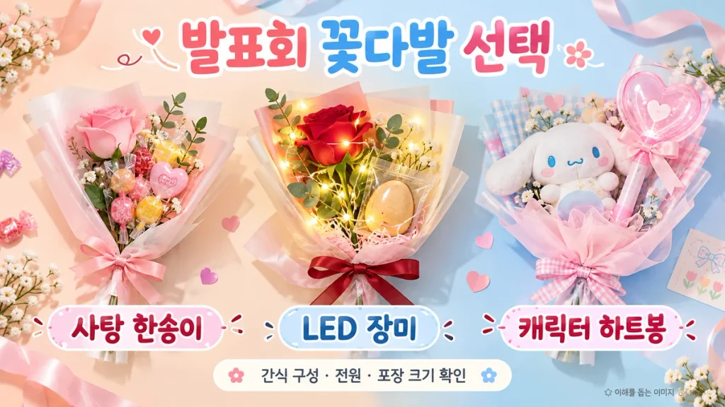 대전 발표회 꽃다발 3종 비교, 사탕 한송이·LED 장미·시나모롤 하트봉 선택