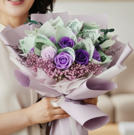 돈꽃다발 용돈 현금 카네이션 생일 칠순 꽃배달 보라돈장미꽃다발