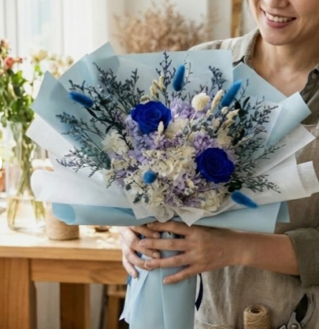 드라이플라워 프리저브드플라워 졸업식 여자친구 꽃다발 시들지않는꽃 선물 파랑장미수국미니에센셜